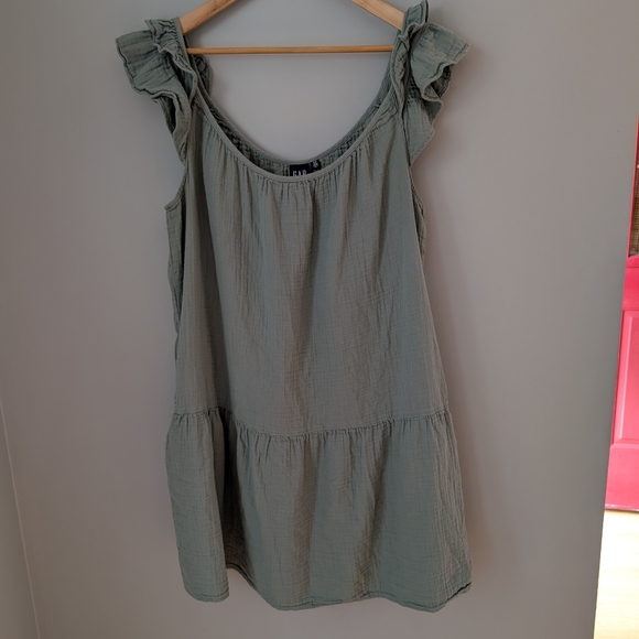 GAP Sage Green 100% Cotton Dress Tiered Ruffle Sleeve XL Tall Sleeveless - Picture 3 of 5